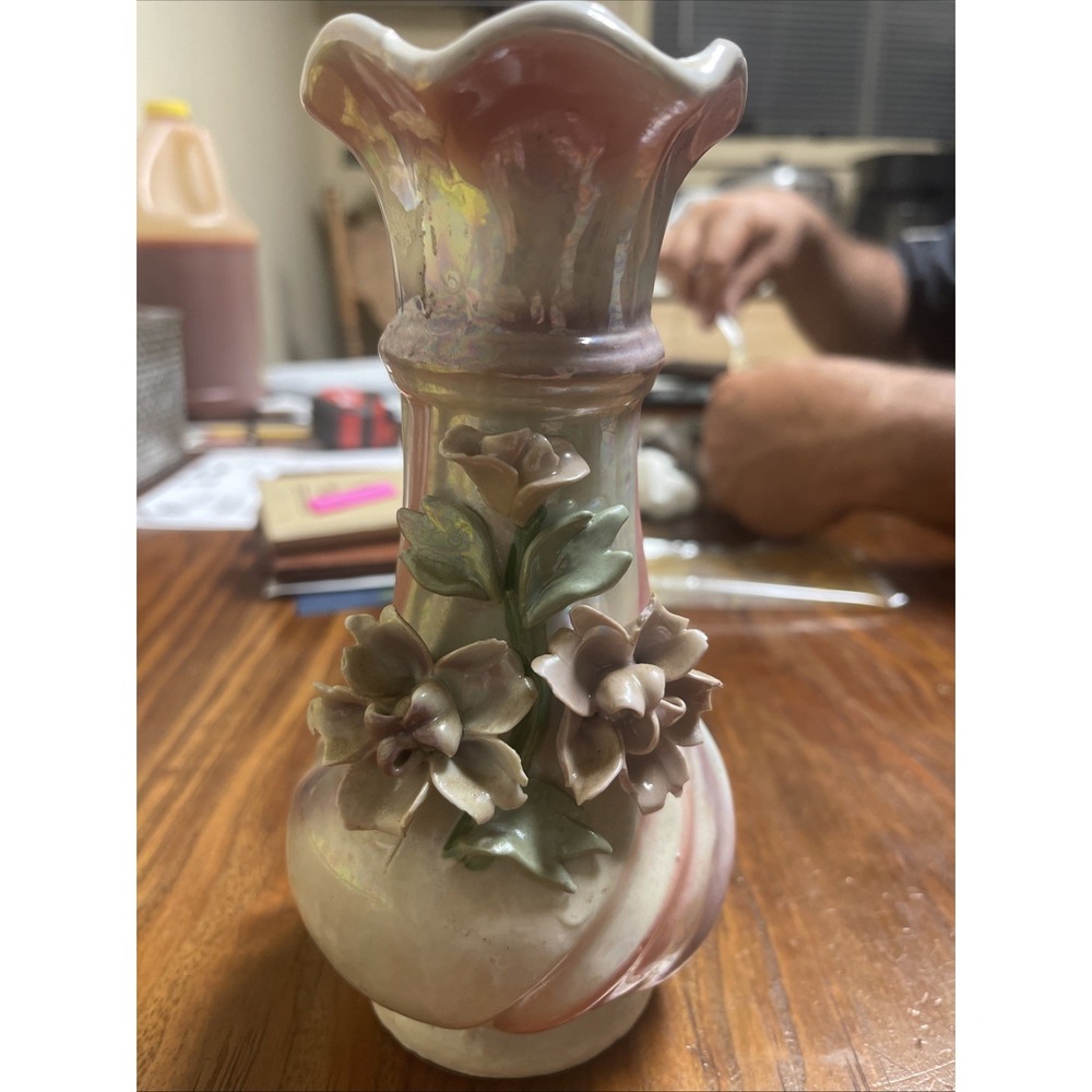 Iridescent Vintage Vase With Intricate Pink And Purple Flowers